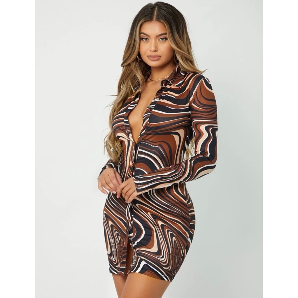 Brown and black bottom up long sleeve bodycon dress